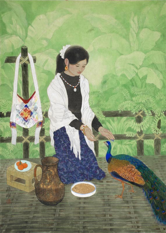 竹楼.少女.孔雀